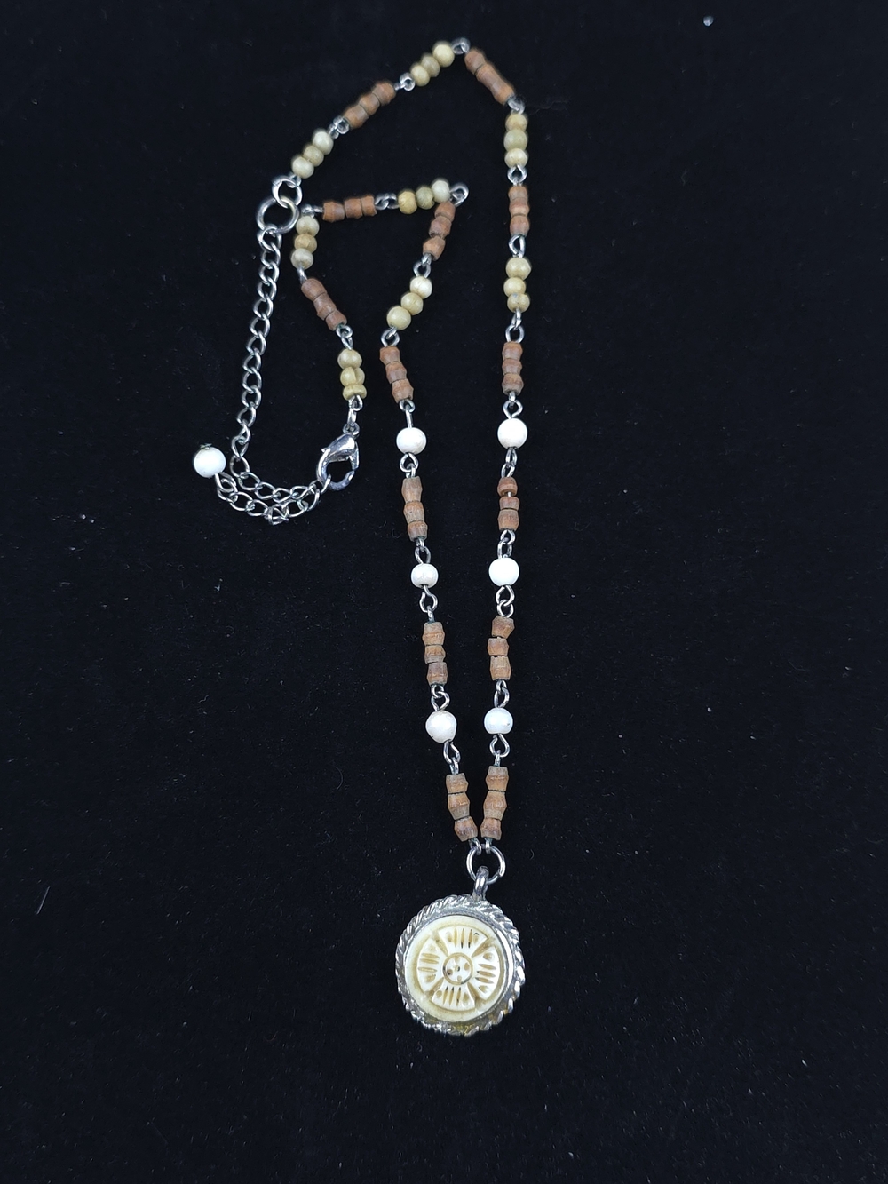 Boho Wood Bead Necklace Silver Tone Tribal Sun Pendant Adjustable